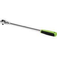 Silver Siegen 1/4" drive long flexi head ratchet with green and black handle.