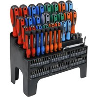 Siegen 100 Piece Screwdriver and Bit Set with multicolored handles in a black plastic organizer stand.