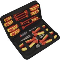 "Red and yellow Siegen 11 Piece VDE Insulated Tool Kit in black zippered case with screwdrivers and pliers"
