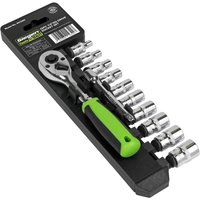 Siegen 12 Piece 1/4" Drive Hex Socket Set with green-handled ratchet and chrome sockets on black holder.