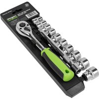 Siegen 12 Piece 3/8" Drive Hex Socket Set with green-handled ratchet and chrome sockets on black holder.