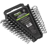 Siegen 12 Piece Combination Spanner Set with silver wrenches in a black plastic holder, labeled with green accents.