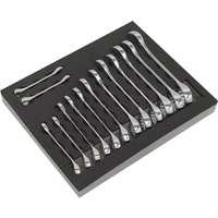 Siegen 14 Piece Stubby Combination Spanner Set in black module tray, featuring polished chrome wrenches of varying sizes.