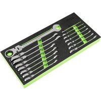 Siegen 15 piece spanner set with silver flexi head ratchet combination wrenches in a black and green foam tray.