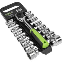 Siegen 17 Piece 1/2" Drive Hex Socket Set with chrome sockets and green-handled ratchet on black holder.