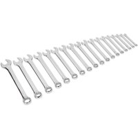 Siegen 18 Piece Combination Spanner Set, silver, open and ring ends, arranged in size order, metric measurements.