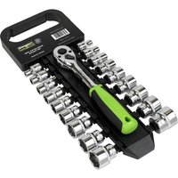 Siegen 19 piece 3/8" drive hex socket set with silver sockets and black handle, green-accented ratchet on black holder.