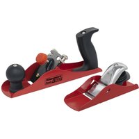 Red and black Siegen 2 piece block and smoothing plane set with ergonomic handles and adjustable blades.