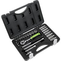 Black Siegen 26 piece hex socket set in a hard case, includes ratchet, extension bars, and various sockets.