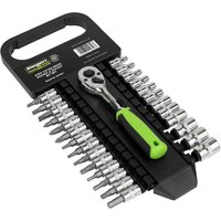 Siegen 27 Piece 1/4" Drive Socket and Bit Set with green-handled ratchet, organized on a black plastic holder.