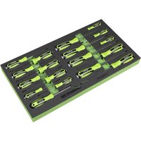 Siegen 28 Piece Screwdriver Set with green and black handles in a black foam module tray.