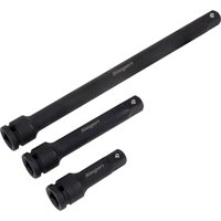 Siegen 3 Piece 1/2" Drive Impact Socket Extension Bar Set, black steel, varying lengths with square drive ends.