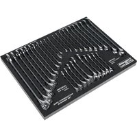 Siegen 32 piece spanner set with silver wrenches in metric and imperial sizes, neatly arranged in a black tray.