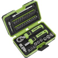 Green and black Siegen 38 piece socket and bit set with ratchet, bits, and sockets in a compact case.