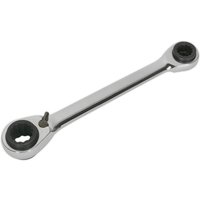 "Silver Siegen 4 in 1 Ratchet Ring Spanner with dual black ring heads and sleek chrome finish"