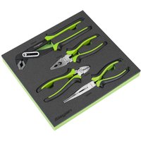 Siegen 4 Piece Comfort Grip Pliers Set with green handles in black foam module tray.