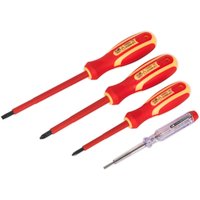 Siegen 4 Piece VDE Insulated Screwdriver Set, red and yellow handles, includes three flathead and one voltage tester.