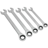 Siegen 5 Piece Combination Ratchet Spanner Set, silver, open-end and ratchet ring, varying sizes.