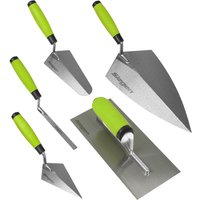 Siegen 5 Piece Soft Grip Trowel Set with green handles and stainless steel blades for brick and plaster work.