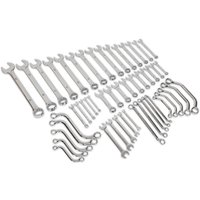 Siegen 50 piece spanner set with various sizes, silver finish, includes open-end and ring spanners arranged in rows.