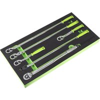 Siegen 6 piece ratchet and torque wrench set with green handles in black module tray.