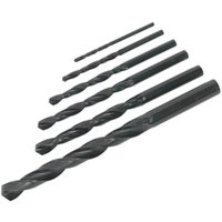Siegen 6 Piece HSS-R Drill Bit Set, black steel, varying sizes, spiral flutes, cylindrical shanks.