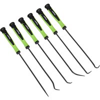 Siegen 6 Piece Long Reach Pick and Hook Set with green handles and black metal shafts in various shapes.