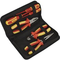 Red and yellow insulated tool kit with pliers and screwdrivers in a black zippered case.