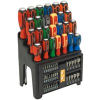 Black Siegen 61 piece set with colorful hammer thru screwdrivers, bits, and nut drivers in a compact stand.