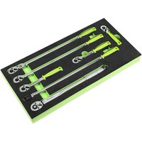 Siegen 7 piece ratchet and torque wrench set in black module tray with green accents, featuring chrome finish tools.
