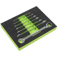 Siegen 7 Piece Ratchet Combination Spanner Set in black and green foam tray, silver wrenches with open and ratchet ends.