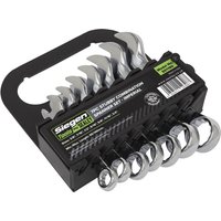 Siegen 7 Piece Stubby Combination Spanner Set, chrome finish, in black plastic holder with size labels.