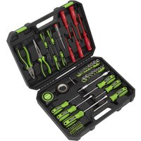 Black and green Siegen 73 piece hand tool kit with pliers, screwdrivers, and sockets in a hard plastic case.