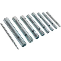 Siegen 9 Piece Box Spanner Set Metric with silver cylindrical spanners and a T-bar handle.