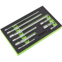 Siegen 9 Piece Combination Drive Socket Extension Bar Set in black foam tray with green edges, various silver bars.