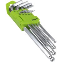 Green holder with 9 silver long ball end hexagon Allen keys, imperial sizes, by Siegen.
