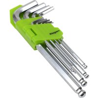 Green Siegen 9 piece long ball end hexagon Allen key set with silver metal keys in various sizes.