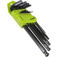 Green holder with 9 black ball end hex keys of varying sizes, labeled Siegen.