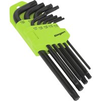 Black Siegen 9 Piece Long Torx Key Set with green holder, featuring L-shaped keys in varying sizes.