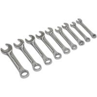 Siegen 9 Piece Stubby Combination Spanner Set in silver, featuring short handles and open and ring ends, arranged in size order.