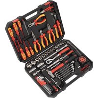 Black and red Siegen 90 piece VDE insulated electricians tool kit with pliers, screwdrivers, wrenches in a hard case.