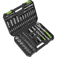 Black Siegen 94 piece socket set with green accents, includes ratchets, sockets, and extensions in a molded case.