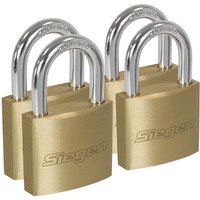 Pack of 4 Siegen brass padlocks with silver shackle and engraved logo on the body.