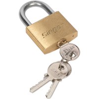 Siegen Brass Padlock with silver shackle and two attached silver keys.