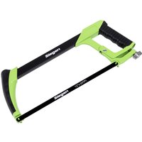Green and black Siegen Engineers Hacksaw with ergonomic handle and adjustable blade tension knob.