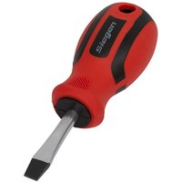 Red and black Siegen flared slotted screwdriver with ergonomic handle and flat metal tip.