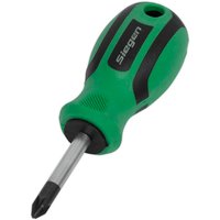 Green and black Siegen Pozi screwdriver with a short, silver metal shaft and ergonomic handle.
