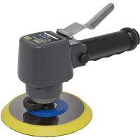 Gray Siegen S01044 random orbital air disc sander with black handle and yellow 150mm sanding pad.