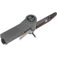 Gray Siegen S01046 air belt sander with ergonomic handle, narrow sanding belt, and adjustable lever.