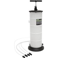 White Siegen S01167 manual vacuum oil extractor with black base, handle, and three attached hoses.